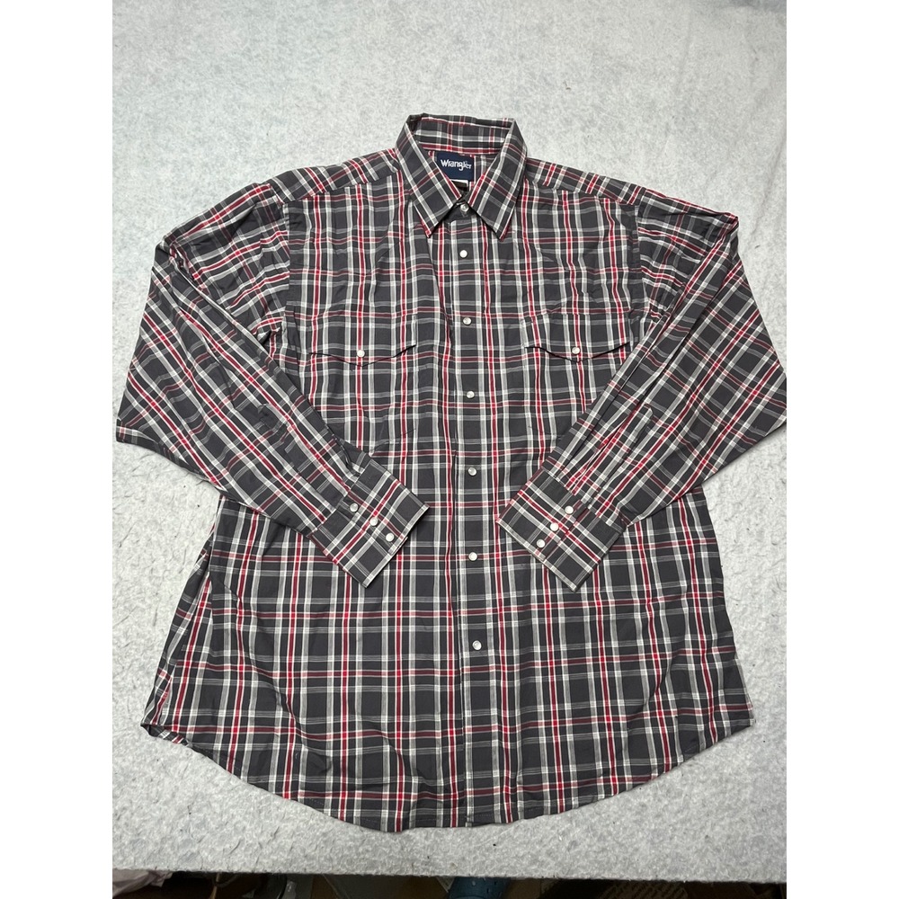 Wrangler‎ Mens XL Plaid Western Snap Shirt Grey Red Long Sleeve MWR111M